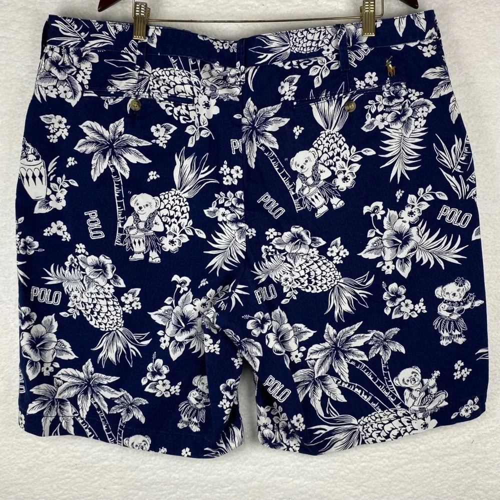 Polo Ralph Lauren Men Relaxed Fit Navy Aloha Bear Pineapple Print Shorts Size 42